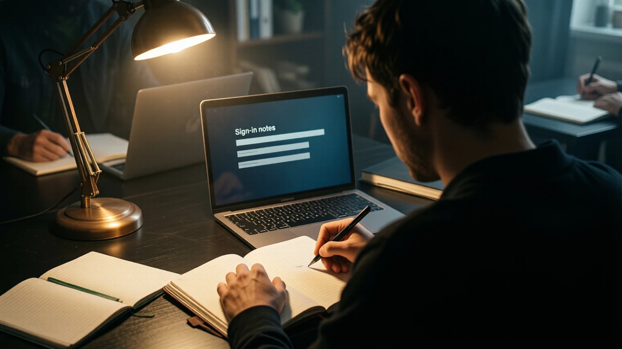 A person seen from behind at a dark desk writing in a ruled paper notebook under one warm lamp, a laptop open beside the notebook, the laptop screen shows the single heading "Sign-in notes" and three short plain bars