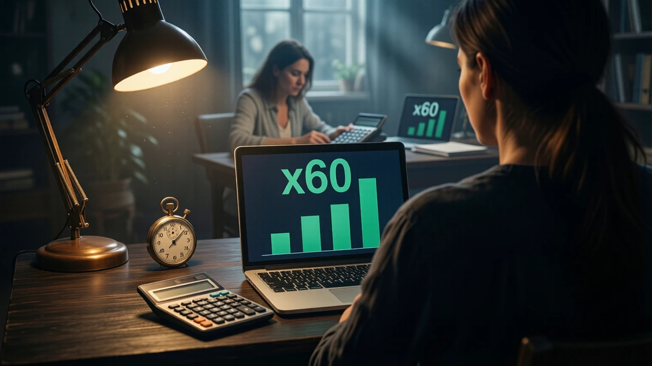A woman seen from behind at a dark desk under one warm lamp with a calculator and a laptop, the laptop screen shows one large line "x60" in emerald green above four short bars of rising length, a brass stopwatch on the desk