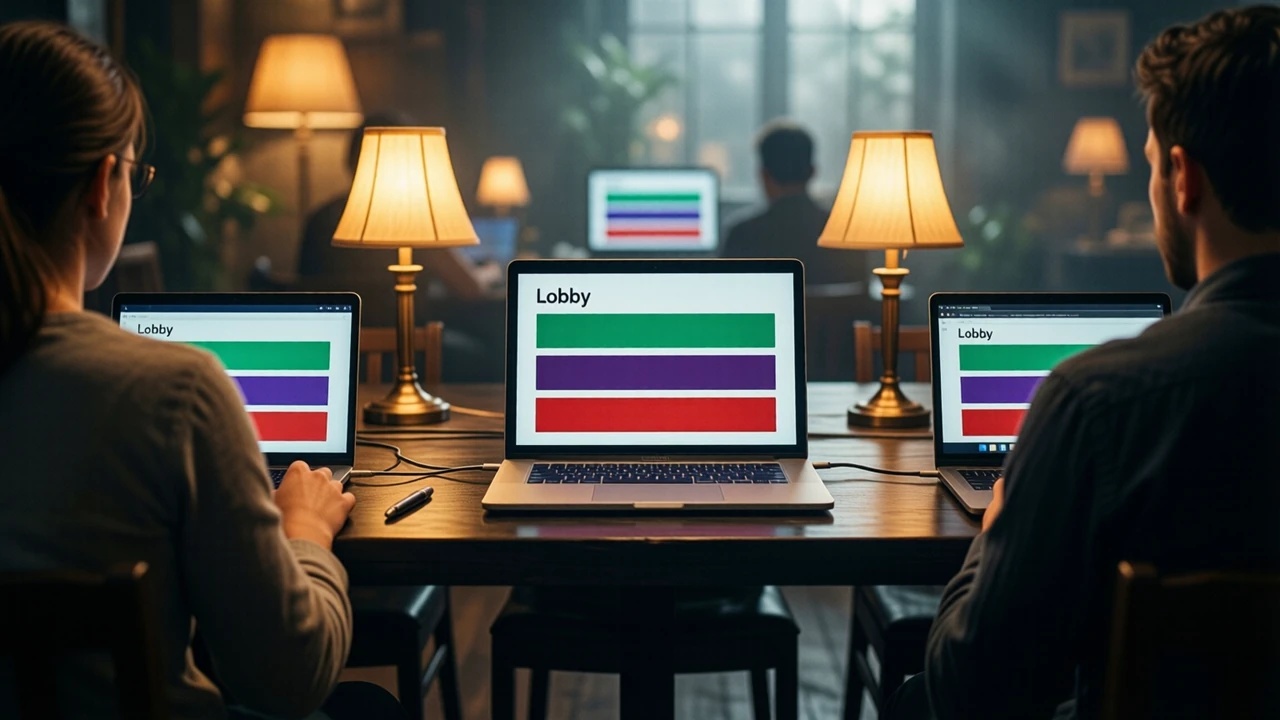 Three people seen from behind sitting apart at one long dark table under warm lamps, each with a laptop open, the middle screen shows the single heading "Lobby" and three wide bars in emerald green, deep violet and scarlet red