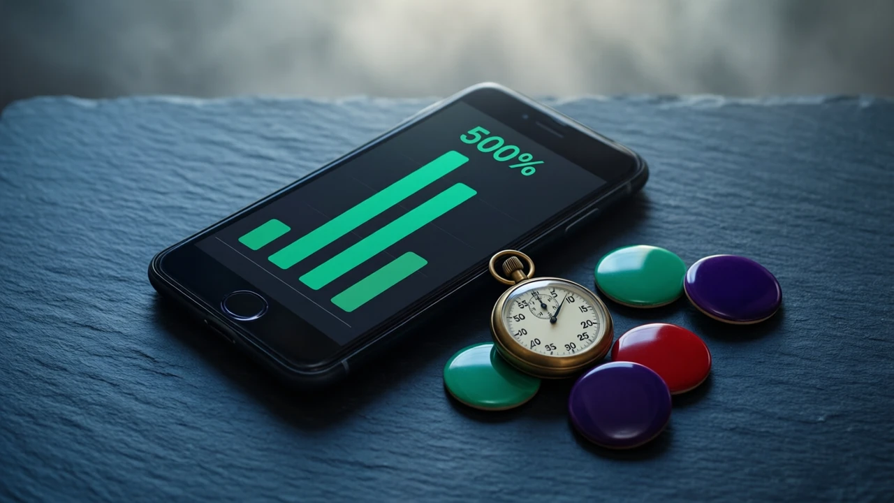 A phone lying face up on matte blue-black slate paper, the screen shows one large line "500%" in emerald green above four short horizontal bars of rising length, a brass stopwatch and three flat glossy enamel discs in emerald green, deep violet and scarlet red lying apart beside it