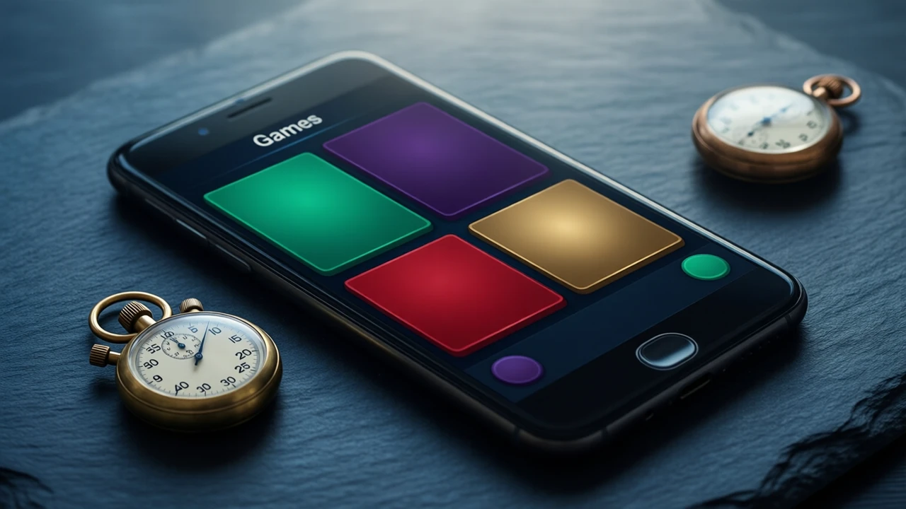 A phone lying face up on matte blue-black slate paper, the screen shows a dark lobby with four large plain square tiles in emerald green, deep violet, scarlet red and brass and one short heading "Games" at the top, a brass stopwatch lying beside the phone