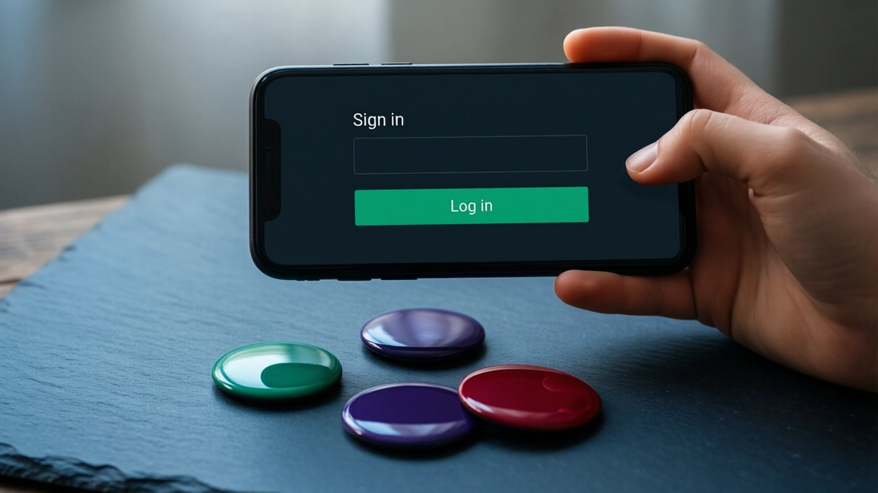 A hand holding a phone above matte blue-black slate paper, the screen shows a plain dark sign-in page with the single heading "Sign in" and one wide green button reading "Log in", three flat glossy enamel discs in emerald green, deep violet and scarlet red lying apart on the paper below