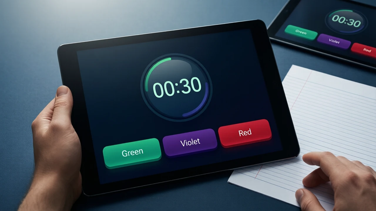 A tablet lying on matte blue-black slate paper, the screen shows one large round countdown reading "00:30" above three wide flat buttons in emerald green, deep violet and scarlet red with the single words "Green", "Violet" and "Red", a sheet of ruled paper beside it