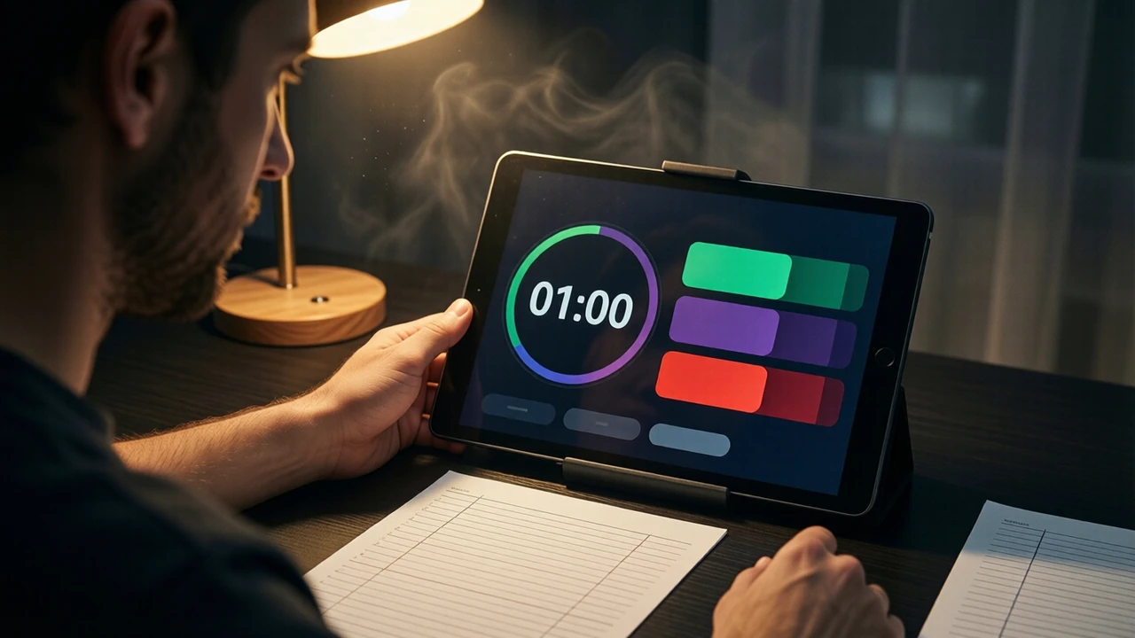 A man seen from the side at a dark desk under one warm lamp looking at a tablet propped on a small stand, the tablet screen shows one large round countdown reading "01:00" and three wide bars in emerald green, deep violet and scarlet red, a sheet of ruled paper in front of him