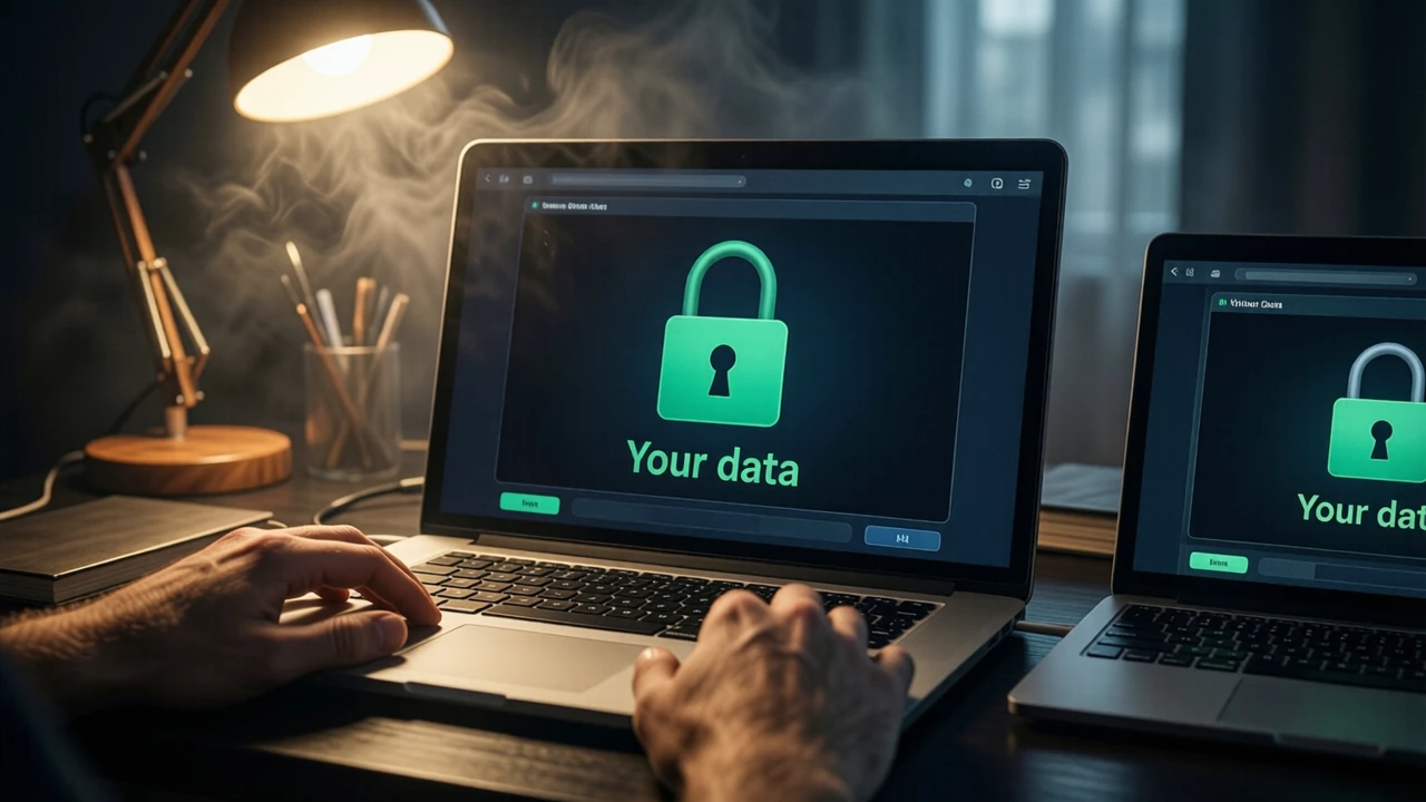 A laptop open on a dark desk under one warm lamp, the screen shows one large closed padlock drawn in emerald green above the short line "Your data"