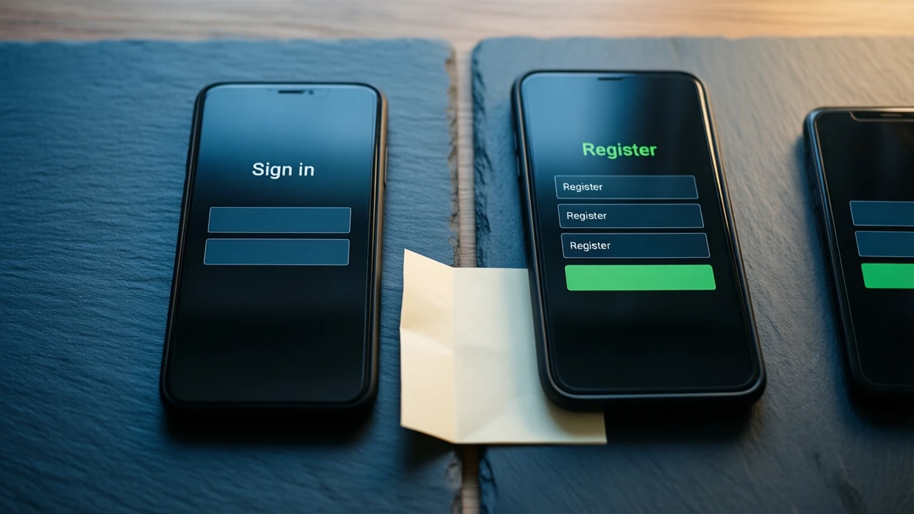Two phones lying side by side on matte blue-black slate paper with a clear gap between them, the left screen shows the single heading "Sign in" with two plain bars, the right screen shows the single heading "Register" with four plain bars and one wide green button, a folded paper note lying between them