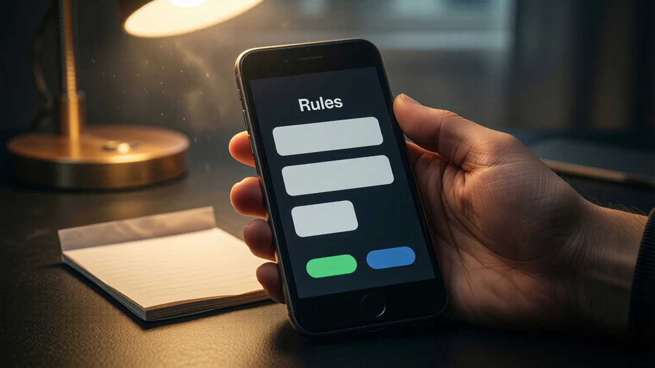 A phone lying face up on a dark desk under one warm lamp, the screen shows the single heading "Rules" above three short plain bars in pale grey, a folded paper note lying beside the phone