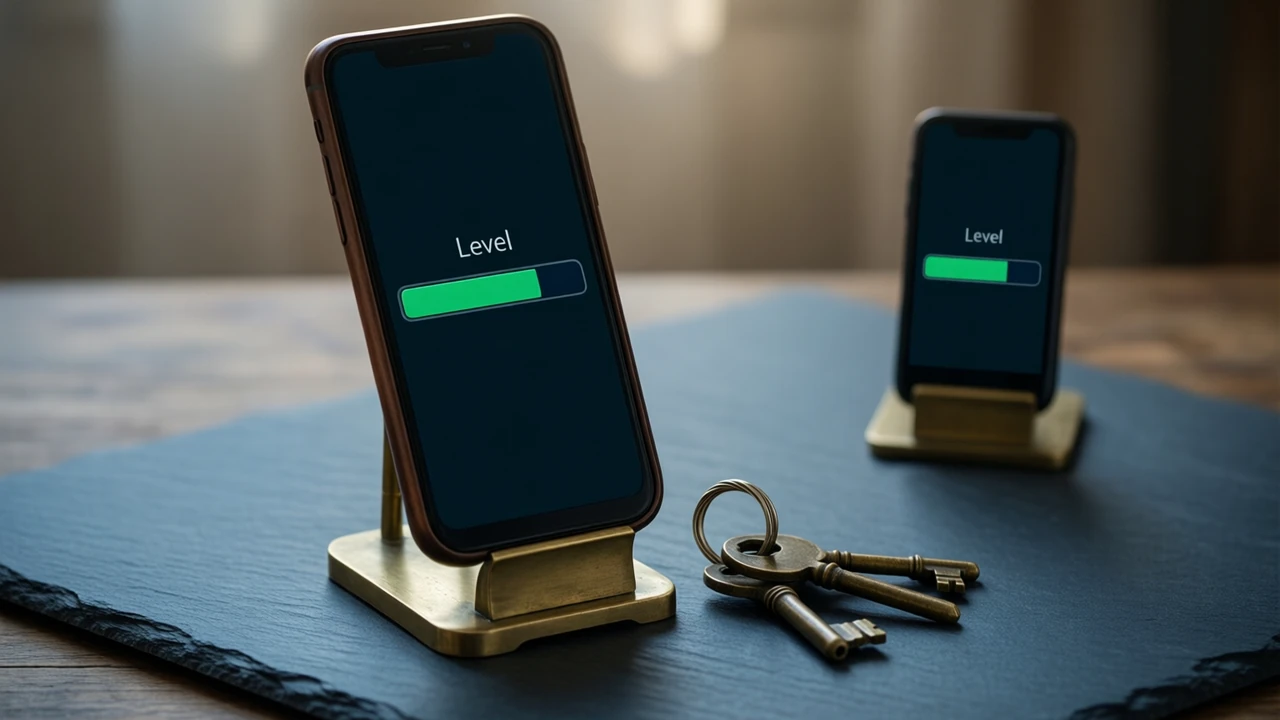 A phone standing upright in a small brass stand on matte blue-black slate paper, the screen shows a dark profile page with one wide progress bar half filled in emerald green and the single word "Level" above it, a small ring of old brass keys lying beside the stand